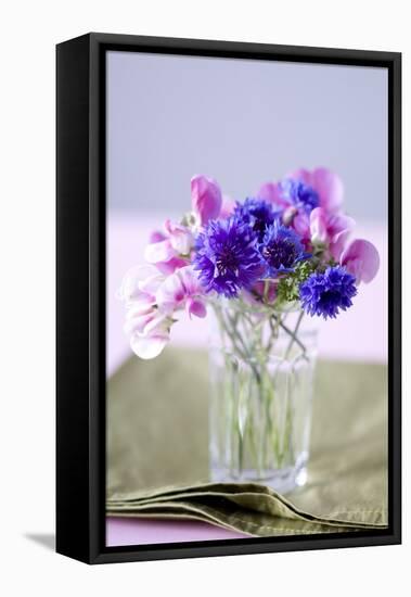 Small Bouquet with Cornflowers and Vetch on Green Silk-Brigitte Protzel-Framed Premier Image Canvas