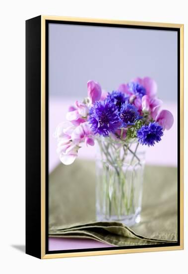 Small Bouquet with Cornflowers and Vetch on Green Silk-Brigitte Protzel-Framed Premier Image Canvas