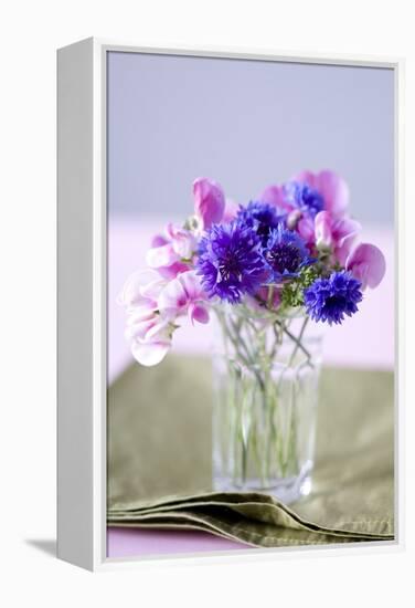 Small Bouquet with Cornflowers and Vetch on Green Silk-Brigitte Protzel-Framed Premier Image Canvas