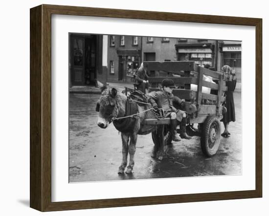 Small Boy Waits Patiently on a Donkey Cart in the Market Place at Kildare Co Kildare Ireland-null-Framed Premium Photographic Print