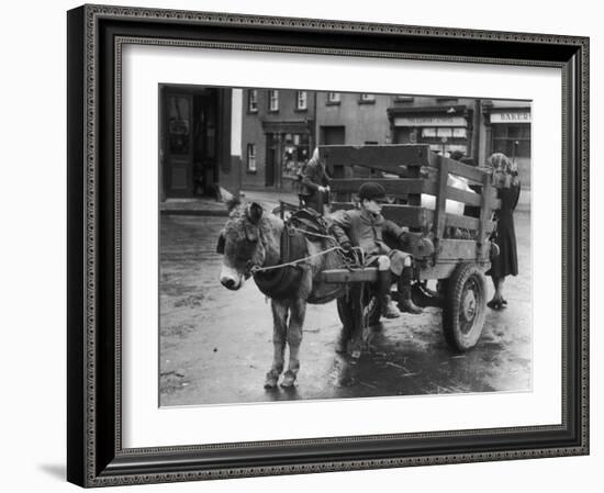 Small Boy Waits Patiently on a Donkey Cart in the Market Place at Kildare Co Kildare Ireland-null-Framed Premium Photographic Print
