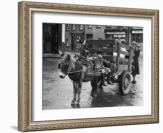 Small Boy Waits Patiently on a Donkey Cart in the Market Place at Kildare Co Kildare Ireland-null-Framed Photographic Print