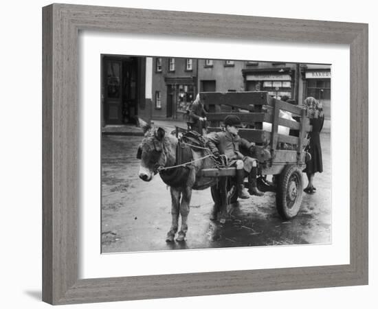 Small Boy Waits Patiently on a Donkey Cart in the Market Place at Kildare Co Kildare Ireland-null-Framed Photographic Print