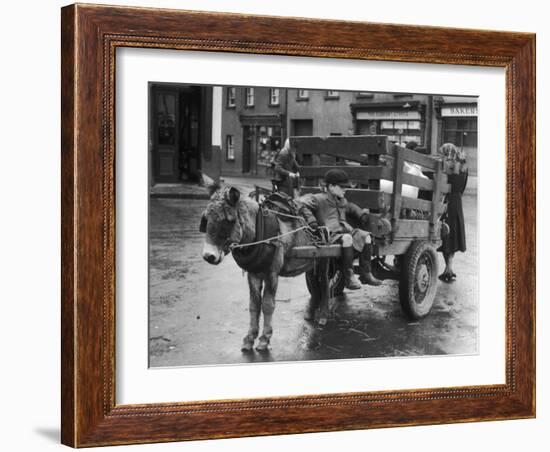 Small Boy Waits Patiently on a Donkey Cart in the Market Place at Kildare Co Kildare Ireland-null-Framed Photographic Print