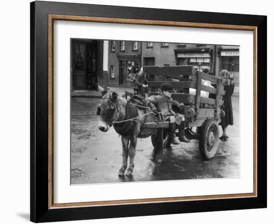 Small Boy Waits Patiently on a Donkey Cart in the Market Place at Kildare Co Kildare Ireland-null-Framed Photographic Print