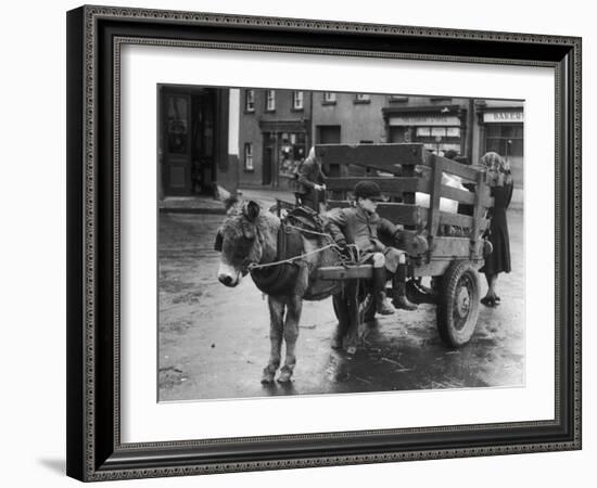 Small Boy Waits Patiently on a Donkey Cart in the Market Place at Kildare Co Kildare Ireland-null-Framed Photographic Print