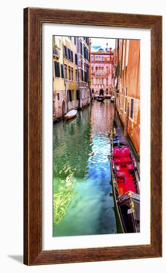 Small canal bridge, red fancy gondola, Venice, Italy-William Perry-Framed Photographic Print