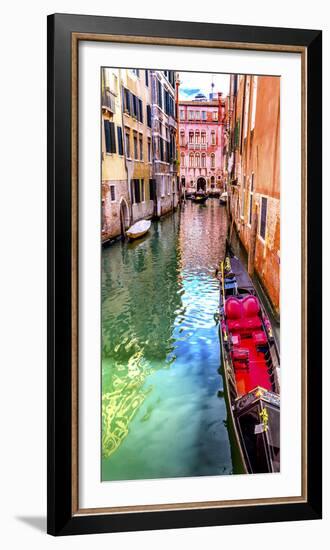 Small canal bridge, red fancy gondola, Venice, Italy-William Perry-Framed Photographic Print