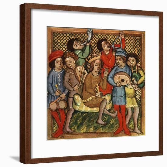 'Small drums, fiddle, horn, triangle lute and bagpipes; Olomouc Bible, 1417', 1948-Unknown-Framed Giclee Print