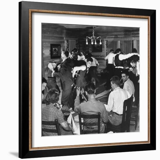 Small Ensemble of Fiddlers and Guitar Players Providing Live Music for an Enthusiastic Group-Eric Schaal-Framed Photographic Print