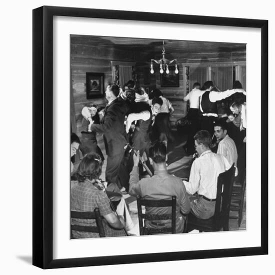 Small Ensemble of Fiddlers and Guitar Players Providing Live Music for an Enthusiastic Group-Eric Schaal-Framed Photographic Print