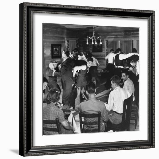 Small Ensemble of Fiddlers and Guitar Players Providing Live Music for an Enthusiastic Group-Eric Schaal-Framed Photographic Print