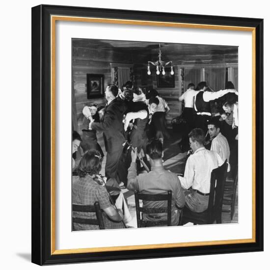 Small Ensemble of Fiddlers and Guitar Players Providing Live Music for an Enthusiastic Group-Eric Schaal-Framed Photographic Print