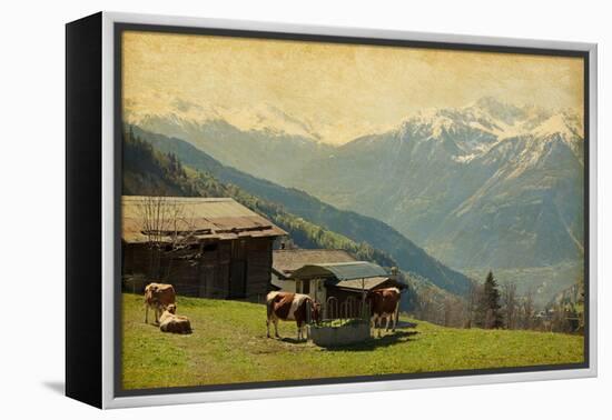 Small Farm in Swiss Alps.  Bodmen, Valais, Switzerland. Added Paper Texture-A_nella-Framed Premier Image Canvas