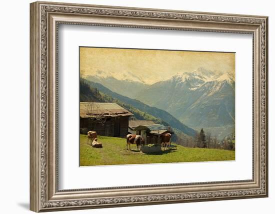 Small Farm in Swiss Alps.  Bodmen, Valais, Switzerland. Added Paper Texture-A_nella-Framed Photographic Print