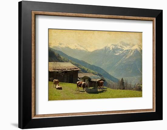 Small Farm in Swiss Alps.  Bodmen, Valais, Switzerland. Added Paper Texture-A_nella-Framed Photographic Print