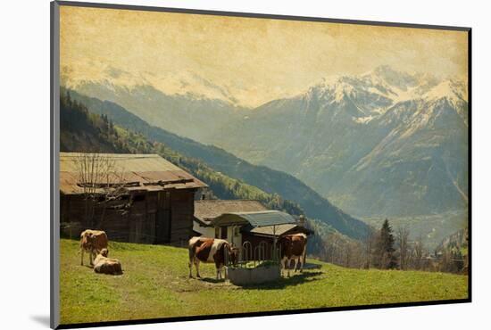 Small Farm in Swiss Alps.  Bodmen, Valais, Switzerland. Added Paper Texture-A_nella-Mounted Photographic Print