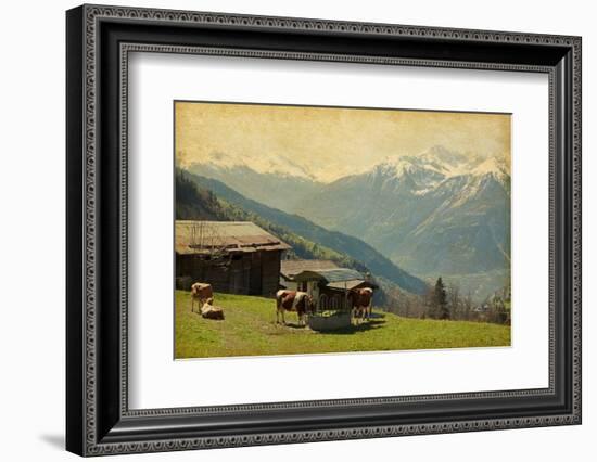 Small Farm in Swiss Alps.  Bodmen, Valais, Switzerland. Added Paper Texture-A_nella-Framed Photographic Print