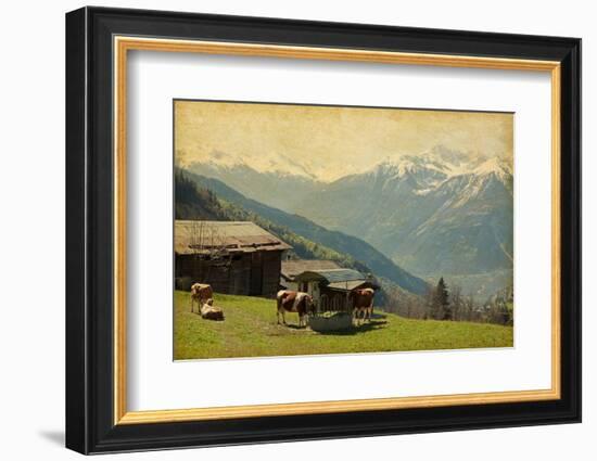 Small Farm in Swiss Alps.  Bodmen, Valais, Switzerland. Added Paper Texture-A_nella-Framed Photographic Print