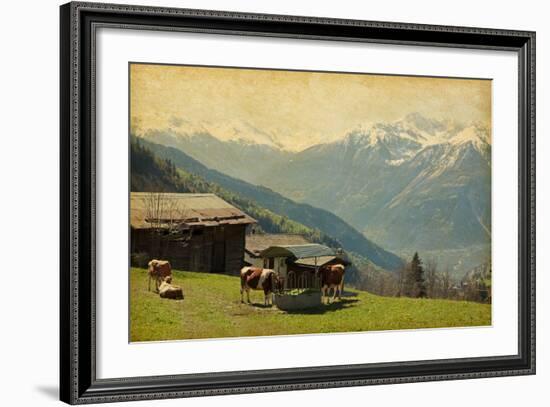 Small Farm in Swiss Alps.  Bodmen, Valais, Switzerland. Added Paper Texture-A_nella-Framed Photographic Print