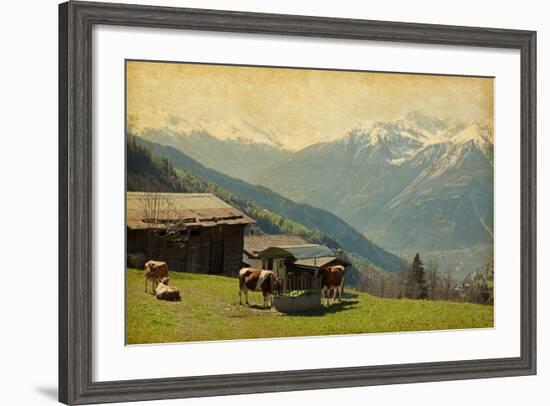 Small Farm in Swiss Alps.  Bodmen, Valais, Switzerland. Added Paper Texture-A_nella-Framed Photographic Print