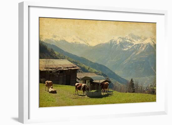 Small Farm in Swiss Alps.  Bodmen, Valais, Switzerland. Added Paper Texture-A_nella-Framed Photographic Print