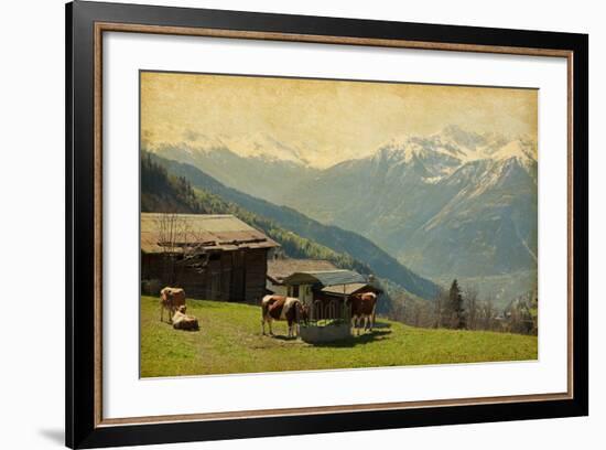 Small Farm in Swiss Alps.  Bodmen, Valais, Switzerland. Added Paper Texture-A_nella-Framed Photographic Print