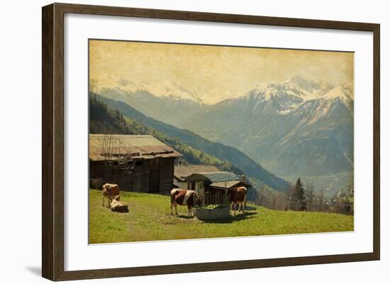 Small Farm in Swiss Alps.  Bodmen, Valais, Switzerland. Added Paper Texture-A_nella-Framed Photographic Print