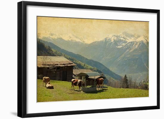 Small Farm in Swiss Alps.  Bodmen, Valais, Switzerland. Added Paper Texture-A_nella-Framed Photographic Print