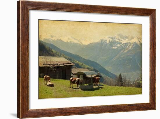 Small Farm in Swiss Alps.  Bodmen, Valais, Switzerland. Added Paper Texture-A_nella-Framed Photographic Print