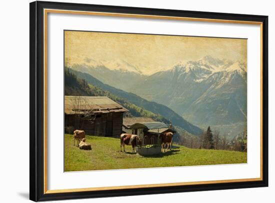 Small Farm in Swiss Alps.  Bodmen, Valais, Switzerland. Added Paper Texture-A_nella-Framed Photographic Print