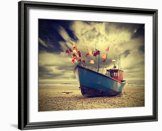 Small Fishing Boat on Shore of the Baltic Sea, Vintage Retro Instagram Style.-Maciej Bledowski-Framed Premium Photographic Print