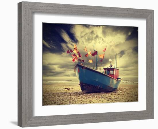 Small Fishing Boat on Shore of the Baltic Sea, Vintage Retro Instagram Style.-Maciej Bledowski-Framed Photographic Print