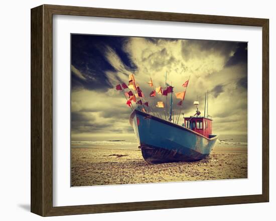 Small Fishing Boat on Shore of the Baltic Sea, Vintage Retro Instagram Style.-Maciej Bledowski-Framed Photographic Print