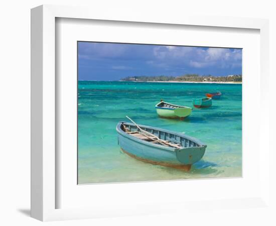 Small Fishing Boats in the Turquoise Sea, Mauritius, Indian Ocean, Africa--Framed Photographic Print