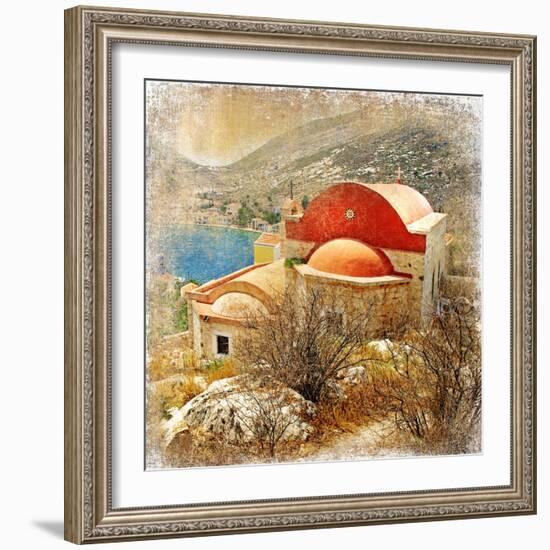 Small Greek Monastery -Artistic Retro Styled Picture-Maugli-l-Framed Art Print