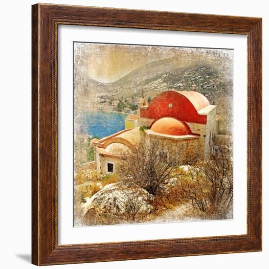 Small Greek Monastery -Artistic Retro Styled Picture-Maugli-l-Framed Art Print