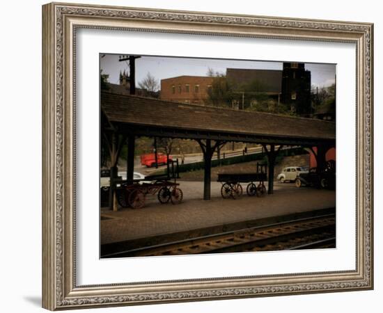 Small Railway Station with Wooden Buckboards for Baggage, Period Cars in Lot-Walker Evans-Framed Photographic Print