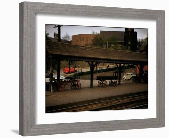 Small Railway Station with Wooden Buckboards for Baggage, Period Cars in Lot-Walker Evans-Framed Photographic Print