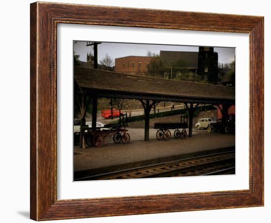 Small Railway Station with Wooden Buckboards for Baggage, Period Cars in Lot-Walker Evans-Framed Photographic Print