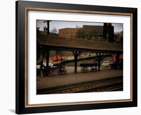 Small Railway Station with Wooden Buckboards for Baggage, Period Cars in Lot-Walker Evans-Framed Photographic Print
