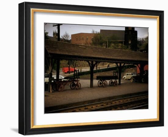 Small Railway Station with Wooden Buckboards for Baggage, Period Cars in Lot-Walker Evans-Framed Photographic Print