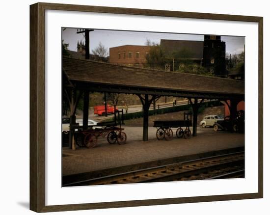 Small Railway Station with Wooden Buckboards for Baggage, Period Cars in Lot-Walker Evans-Framed Photographic Print