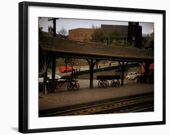 Small Railway Station with Wooden Buckboards for Baggage, Period Cars in Lot-Walker Evans-Framed Photographic Print