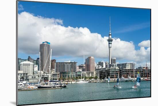 Small sailboats cruise in Auckland harbour in front of the city skyline, Auckland, New Zealand-Logan Brown-Mounted Photographic Print