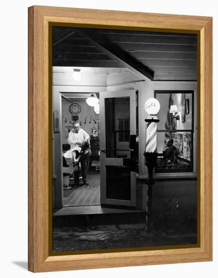 Small Town Barber Grover Cleveland Kohl Working in His Shop at Night-Alfred Eisenstaedt-Framed Premier Image Canvas