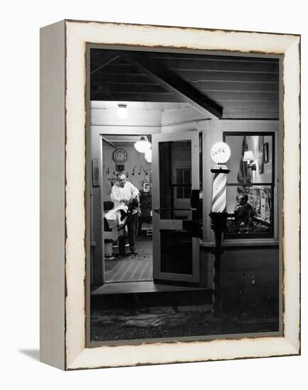 Small Town Barber Grover Cleveland Kohl Working in His Shop at Night-Alfred Eisenstaedt-Framed Premier Image Canvas