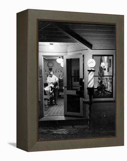 Small Town Barber Grover Cleveland Kohl Working in His Shop at Night-Alfred Eisenstaedt-Framed Premier Image Canvas