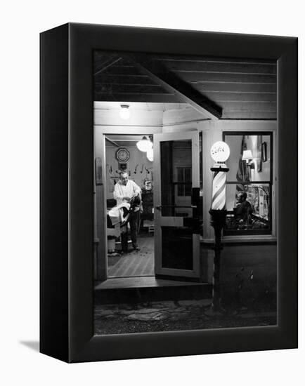 Small Town Barber Grover Cleveland Kohl Working in His Shop at Night-Alfred Eisenstaedt-Framed Premier Image Canvas