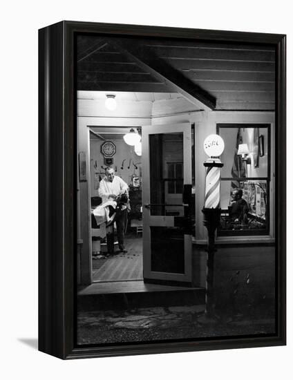 Small Town Barber Grover Cleveland Kohl Working in His Shop at Night-Alfred Eisenstaedt-Framed Premier Image Canvas